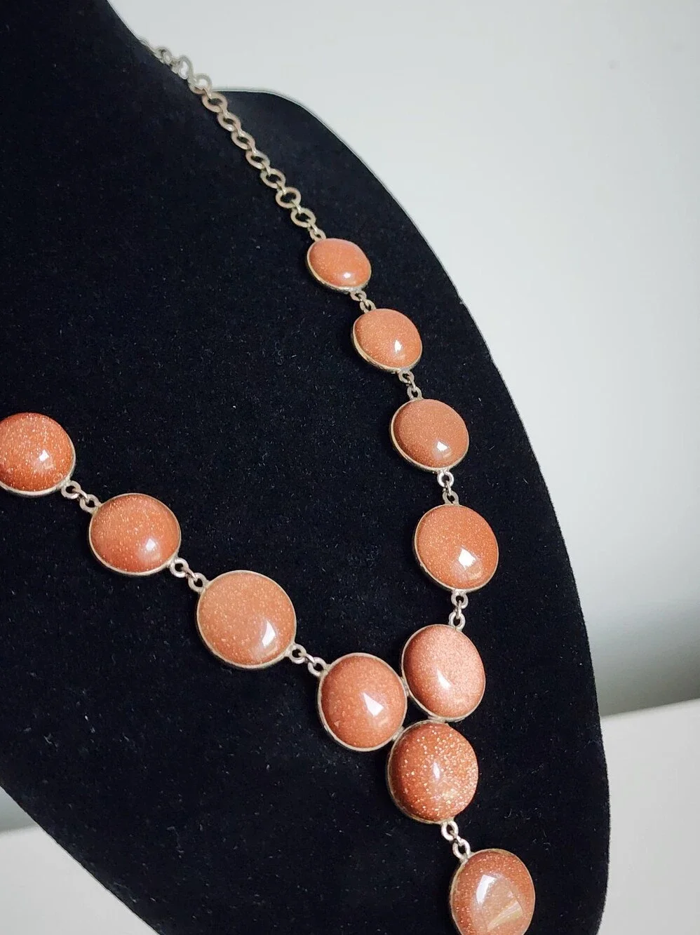 Vintage Goldstone Silver-Tone Cabochon Y-Drop Statement Necklace, 18